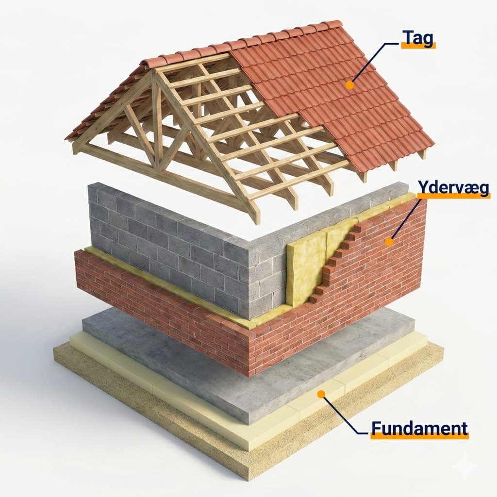 Eksploderet bygningsdiagram der viser lag: Tag, Ydervæg, Fundament med materialekomponenter